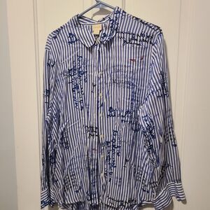 Chico's Blouse Button Front SZ 3 or XL Blue White Stripe Writing High Low Hem LS
